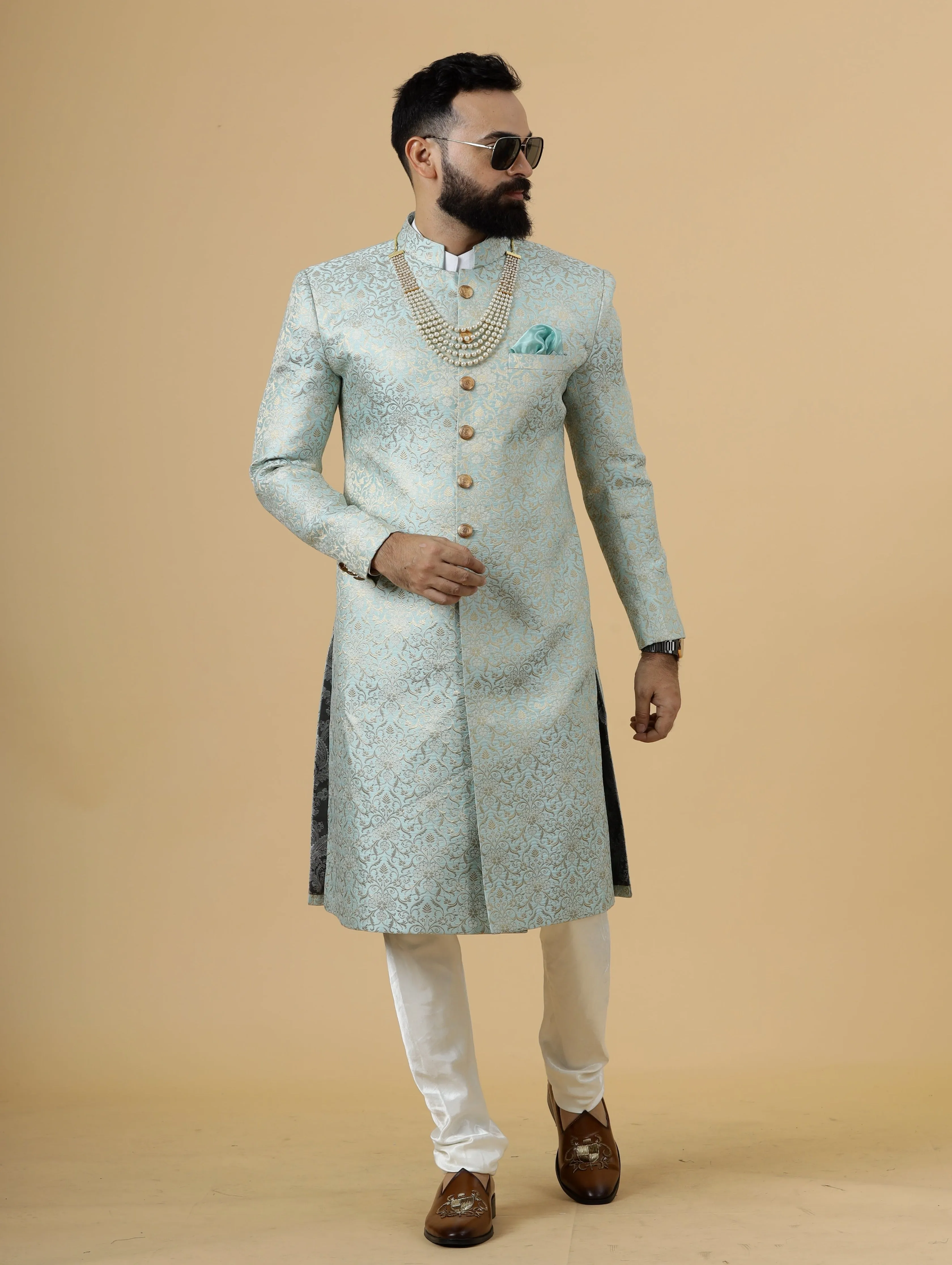 Stunning Sky Blue Banarasi Brocade Achkan for Men | Father Son Combo | Pastel Colour Sherwani | Perfect for Grooms