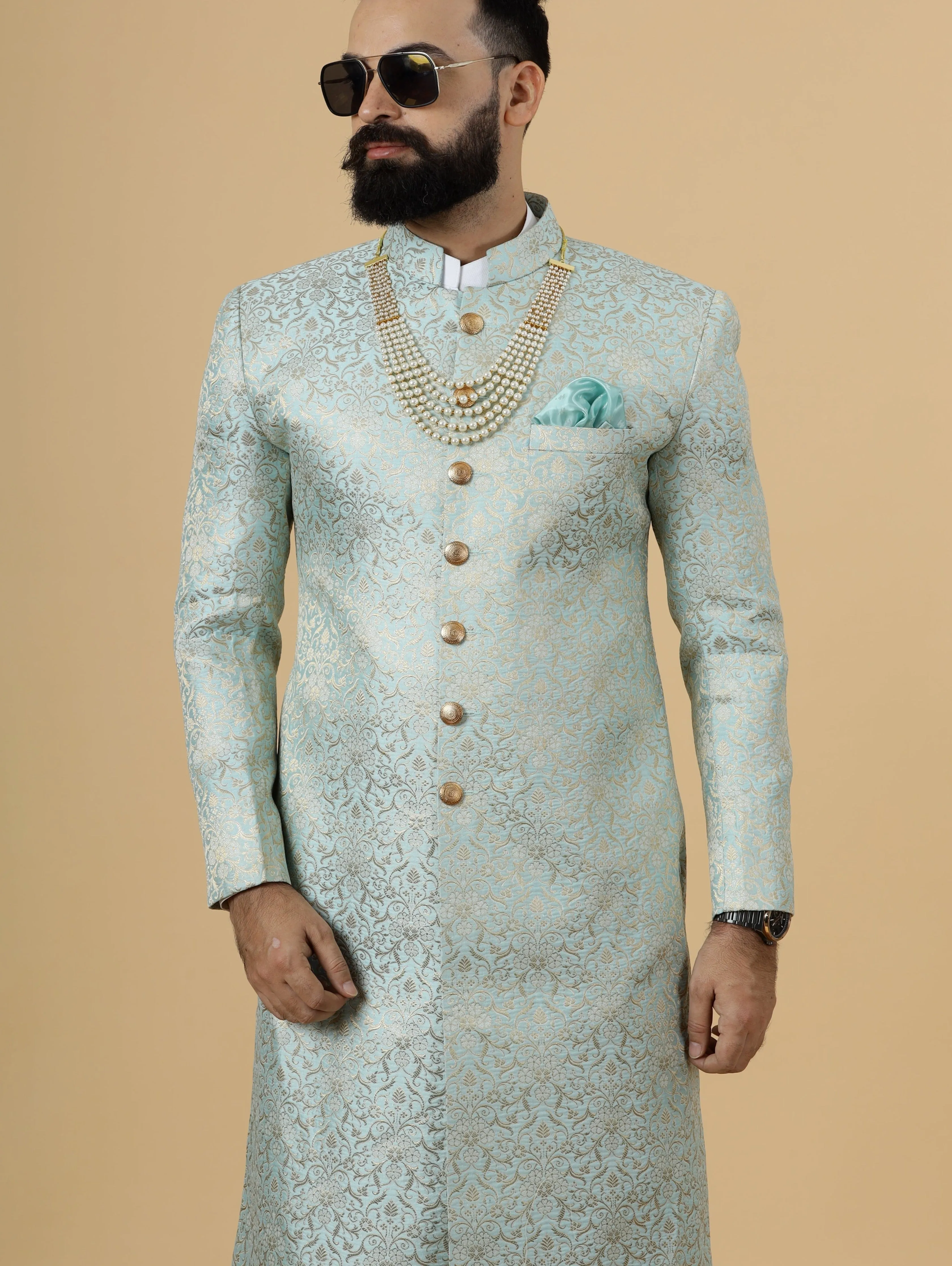 Stunning Sky Blue Banarasi Brocade Achkan for Men | Father Son Combo | Pastel Colour Sherwani | Perfect for Grooms