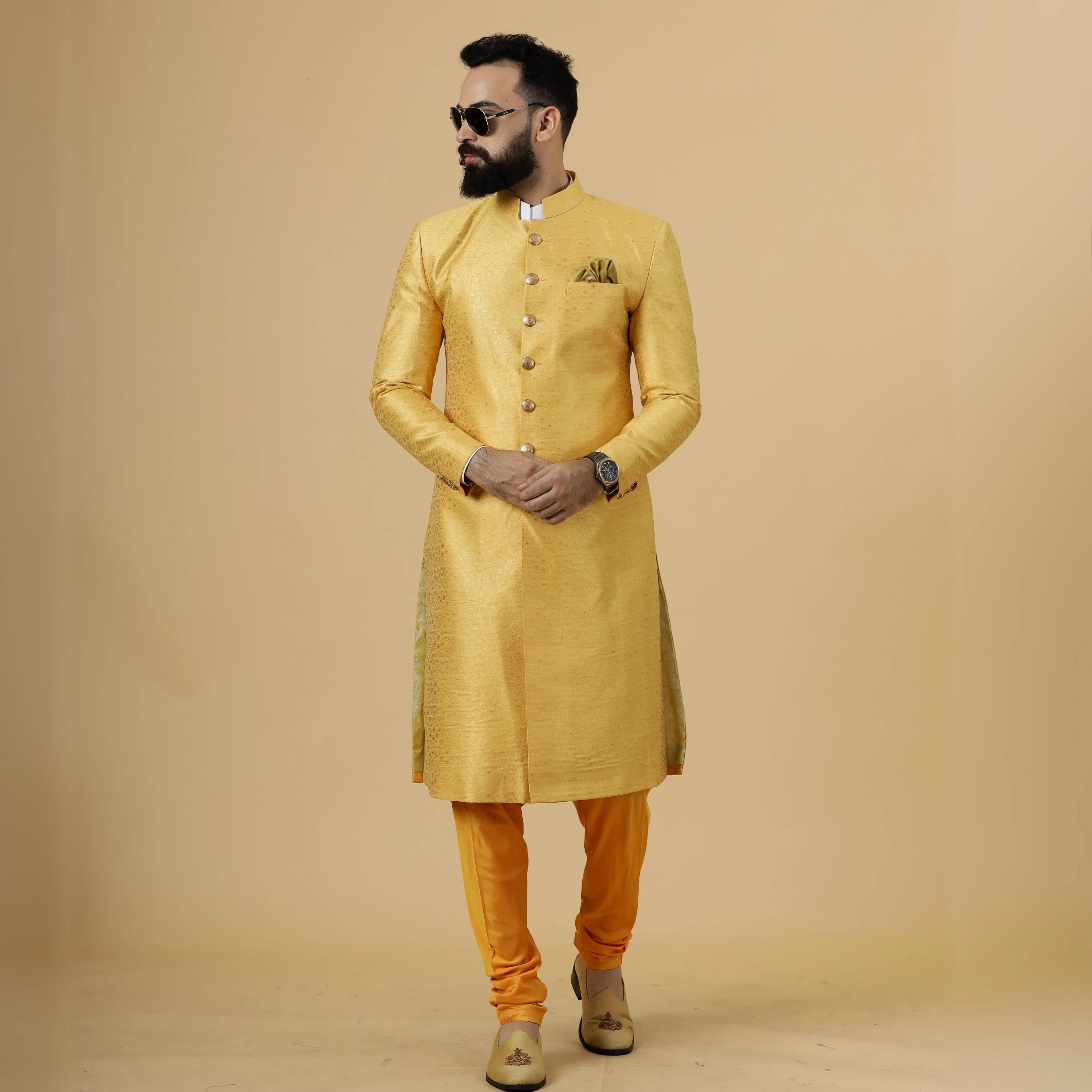 Stunning Yellow Banarasi Brocade Achkan for Men | Father Son Combo | Perfect for Grooms