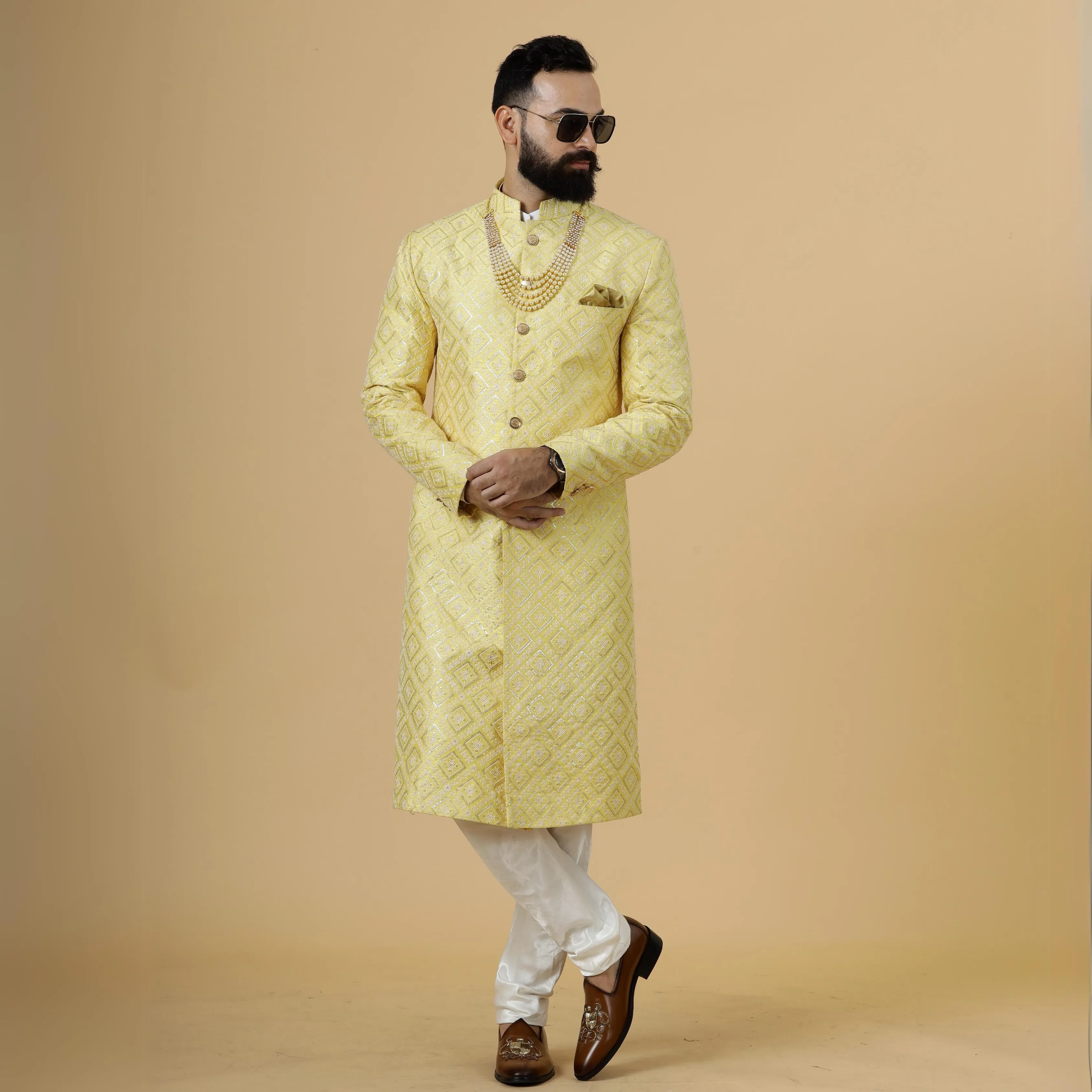 Stunning Yellow Sequin Embroidered Achkan for Men | Father Son Combo | Perfect for Grooms