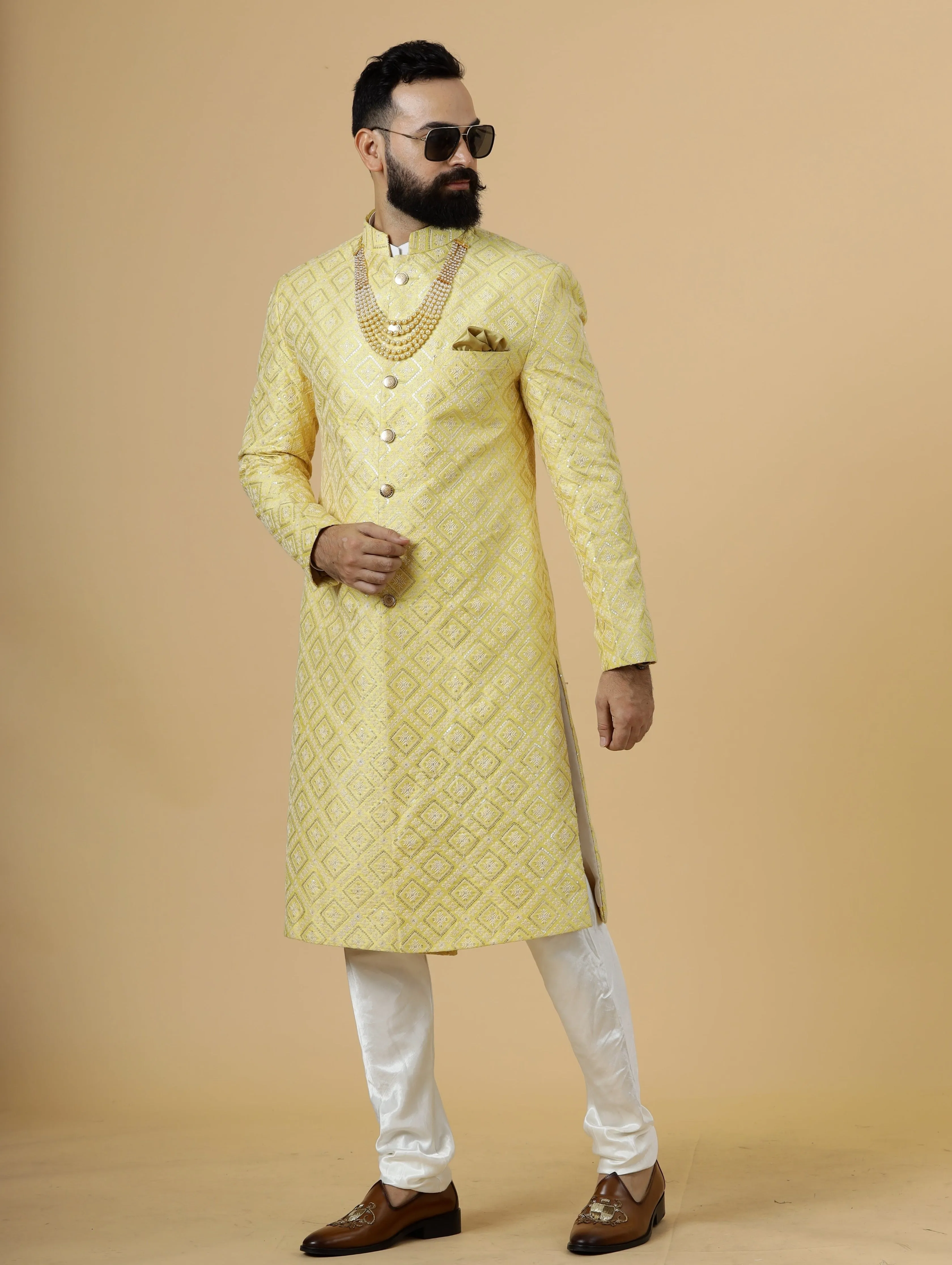 Stunning Yellow Sequin Embroidered Achkan for Men | Father Son Combo | Perfect for Grooms