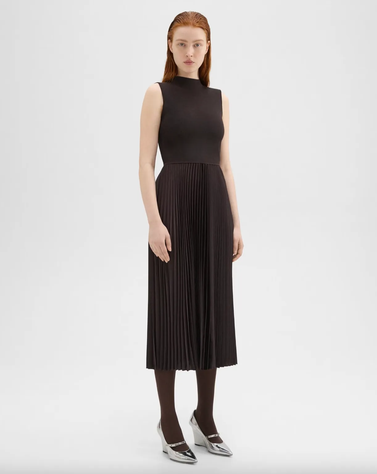 Textured Satin Pleated Combo Dress - Mink