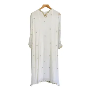 Unbranded Vintage Silk 3/4 Sleeve Kaftan Summer Maxi Embellished Dress White Silver UK Size 14