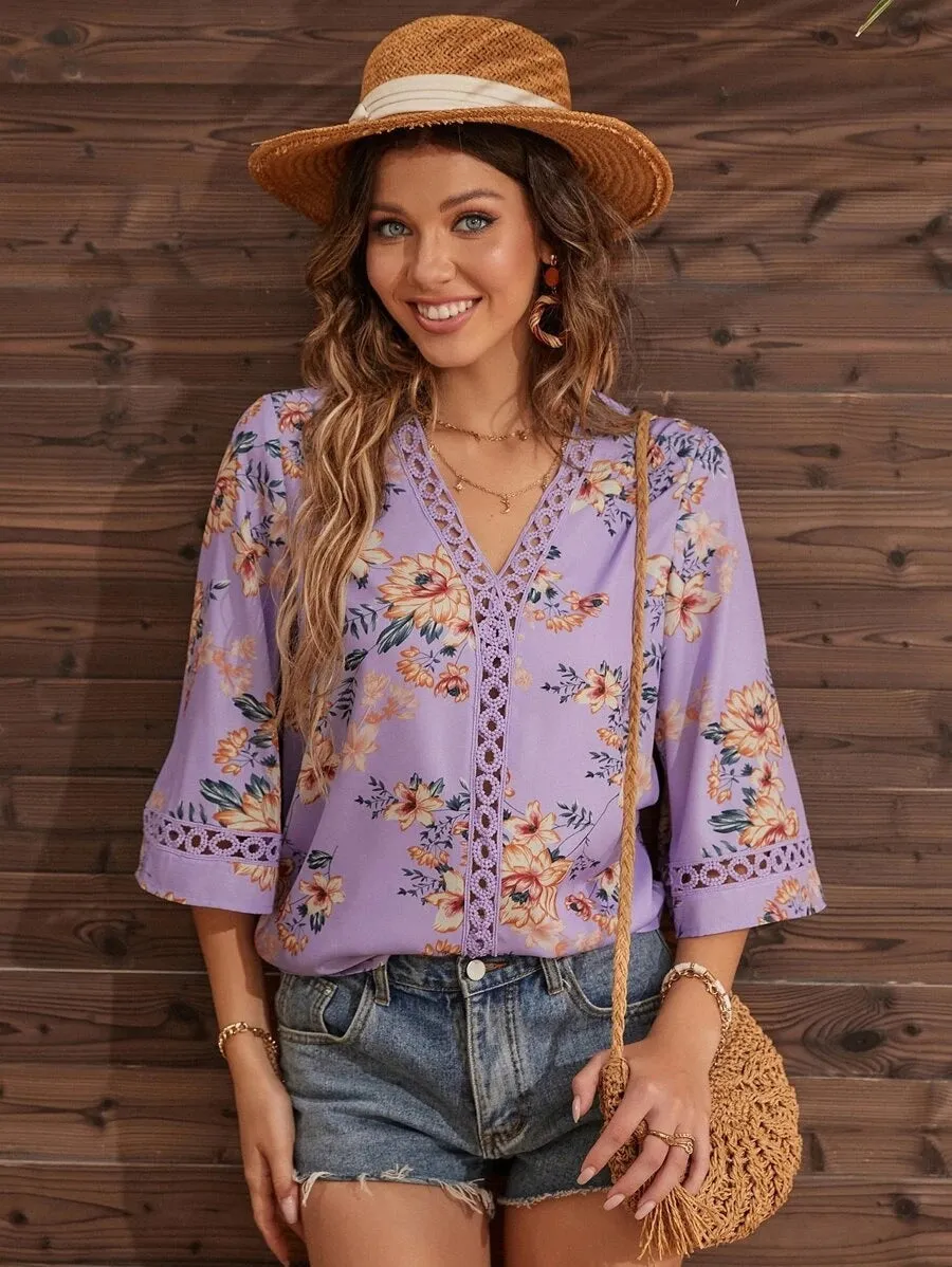 V-Neck Print Panel Lace Flare Sleeve Top Blouse