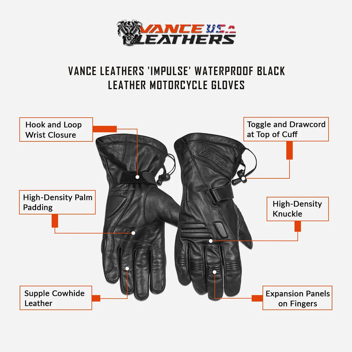 Vance Leathers 'Impulse' Waterproof Black Leather Motorcycle Gloves