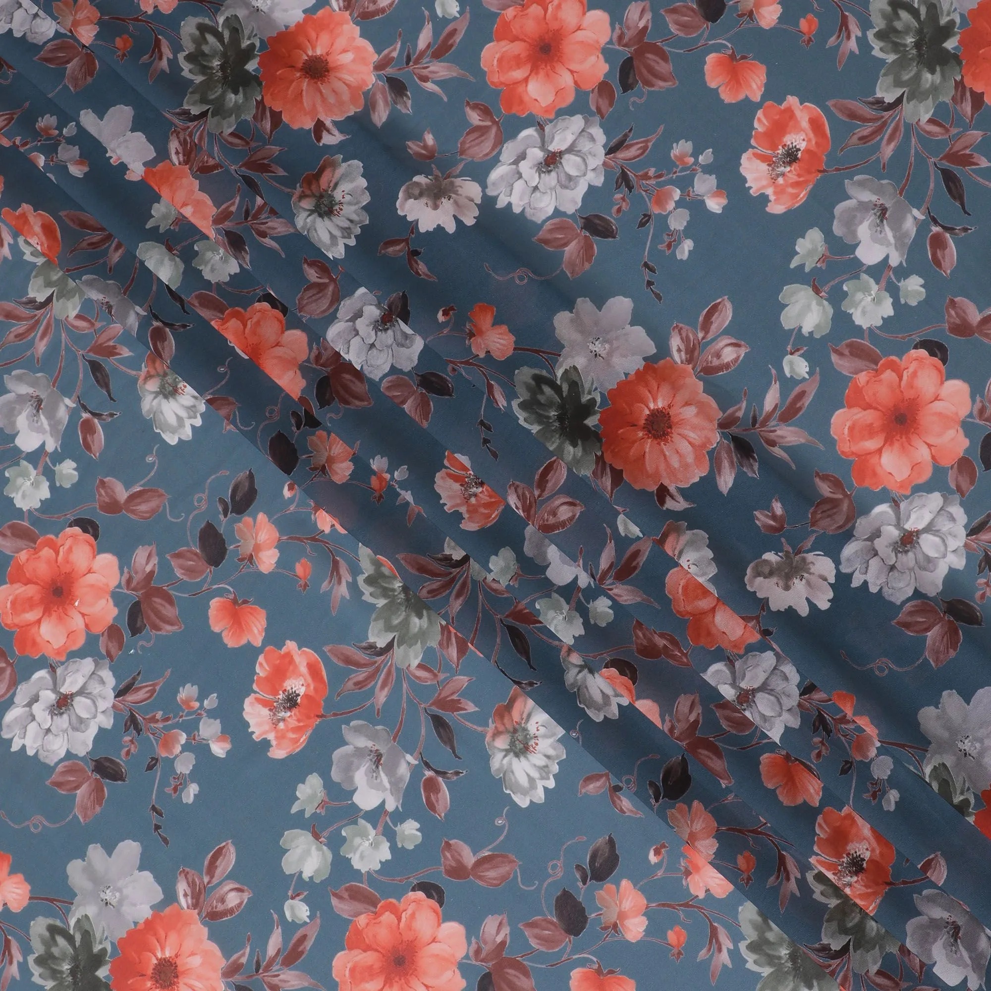 Vibrant Coral Blossom Synthetic Modal Satin Fabric - Dusty Blue Background, 110cm Width - Buy Online in Meters-D18337