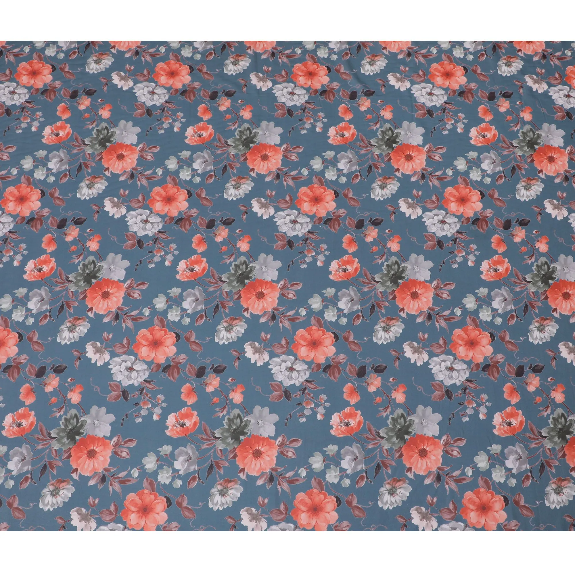 Vibrant Coral Blossom Synthetic Modal Satin Fabric - Dusty Blue Background, 110cm Width - Buy Online in Meters-D18337