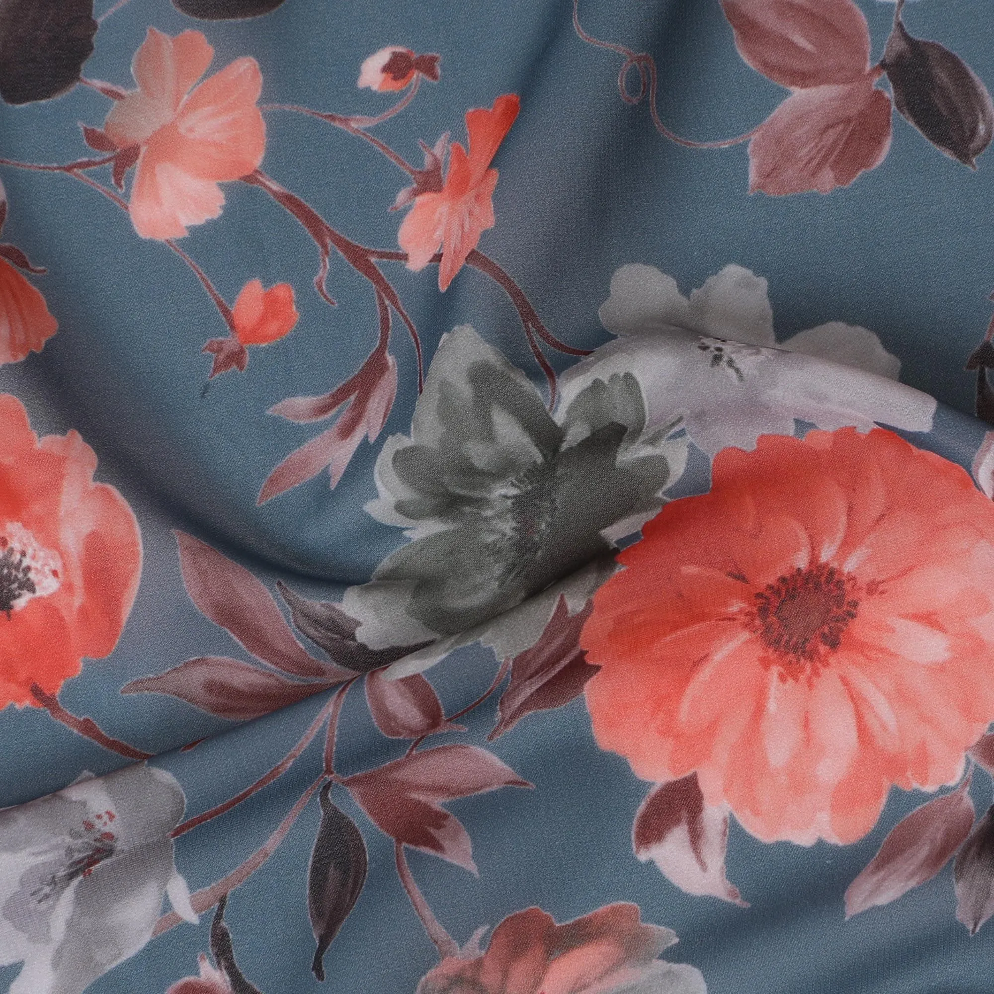 Vibrant Coral Blossom Synthetic Modal Satin Fabric - Dusty Blue Background, 110cm Width - Buy Online in Meters-D18337