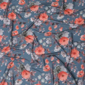 Vibrant Coral Blossom Synthetic Modal Satin Fabric - Dusty Blue Background, 110cm Width - Buy Online in Meters-D18337