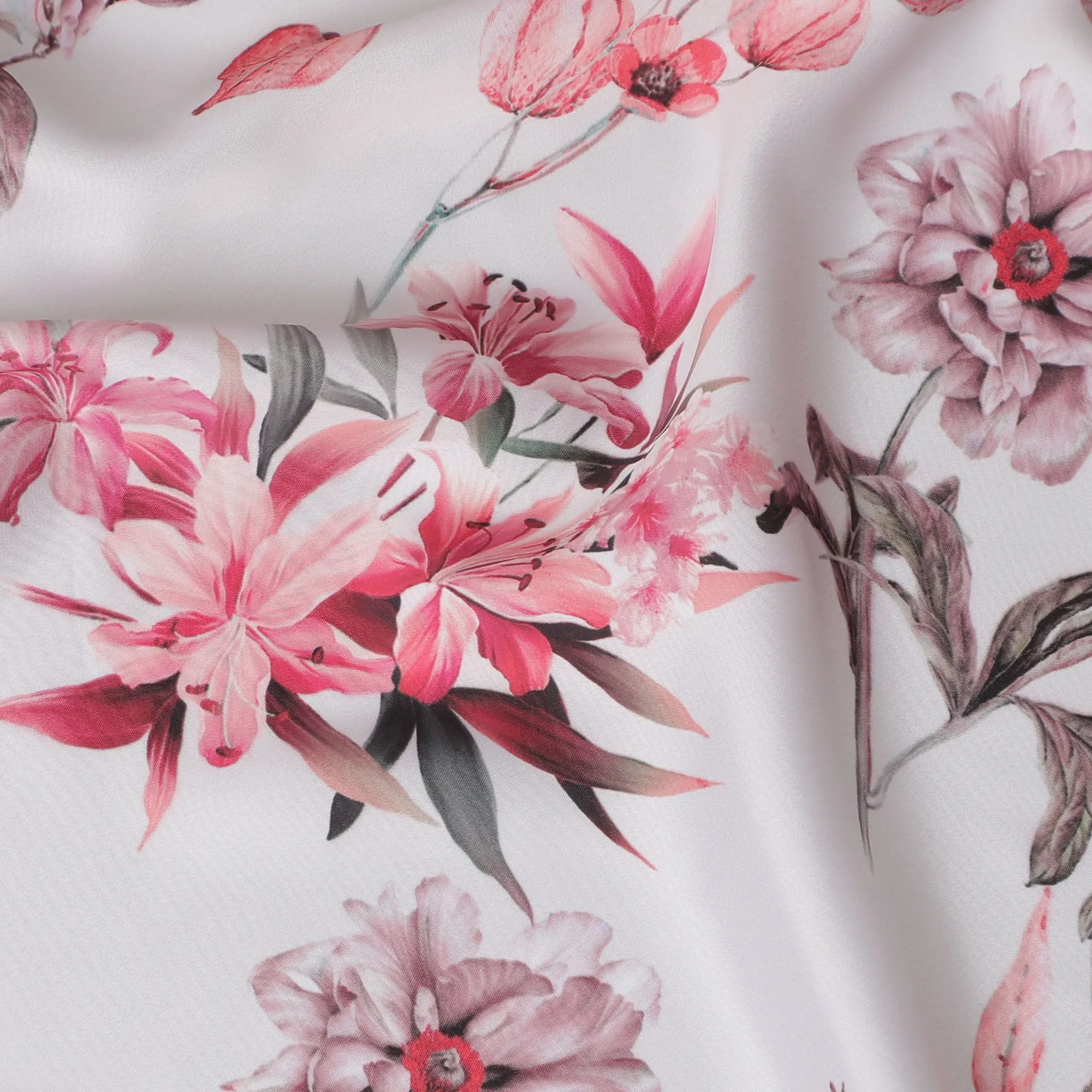 Vibrant Pink Floral Synthetic Modal Satin Fabric - Romantic Print, 110cm - Purchase Online-D17974