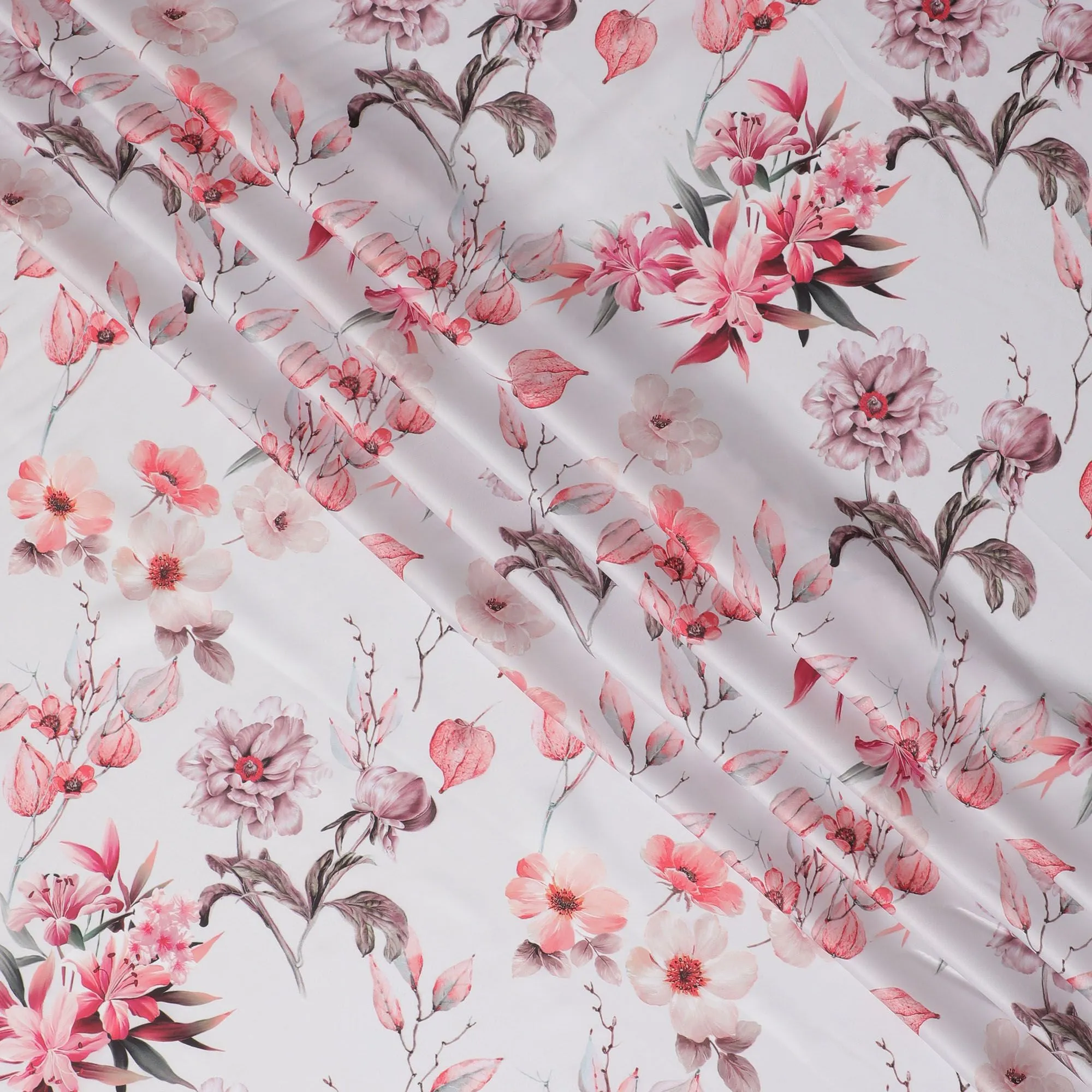 Vibrant Pink Floral Synthetic Modal Satin Fabric - Romantic Print, 110cm - Purchase Online-D17974