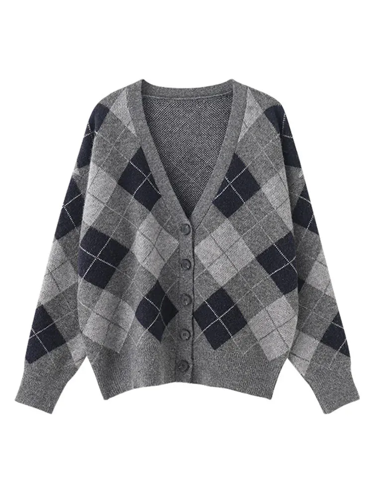 Vintage Plaid Sweater Cardigans Women Clothes Fall Winter Single Breasted Long Sleeve Korean Fashion Tops Pull Femme  C-064