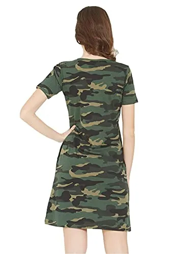 Wear Your Opinion Women's Camouflage Army Printed Midi Style Casual Tshirt Dress(XXXL,GreenCamo)