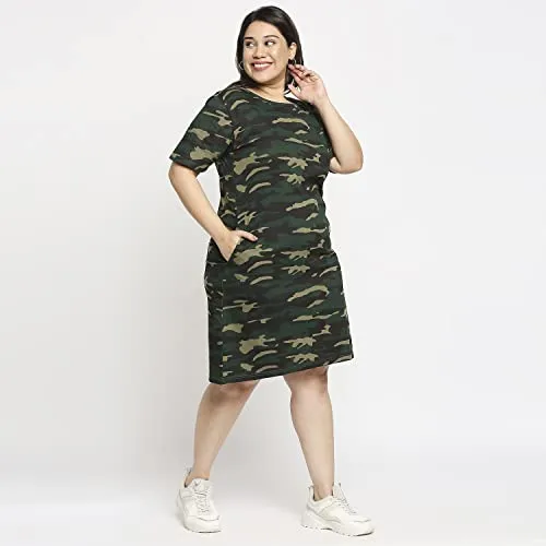 Wear Your Opinion Women's Camouflage Army Printed Midi Style Casual Tshirt Dress(XXXL,GreenCamo)