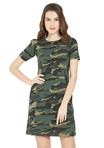 Wear Your Opinion Women's Camouflage Army Printed Midi Style Casual Tshirt Dress(XXXL,GreenCamo)