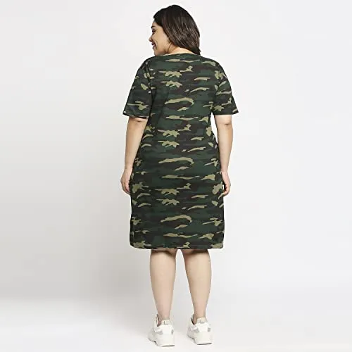 Wear Your Opinion Women's Camouflage Army Printed Midi Style Casual Tshirt Dress(XXXL,GreenCamo)