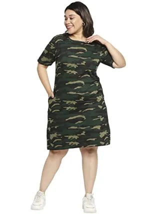 Wear Your Opinion Women's Camouflage Army Printed Midi Style Casual Tshirt Dress(XXXL,GreenCamo)