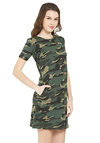 Wear Your Opinion Women's Camouflage Army Printed Midi Style Casual Tshirt Dress(XXXL,GreenCamo)