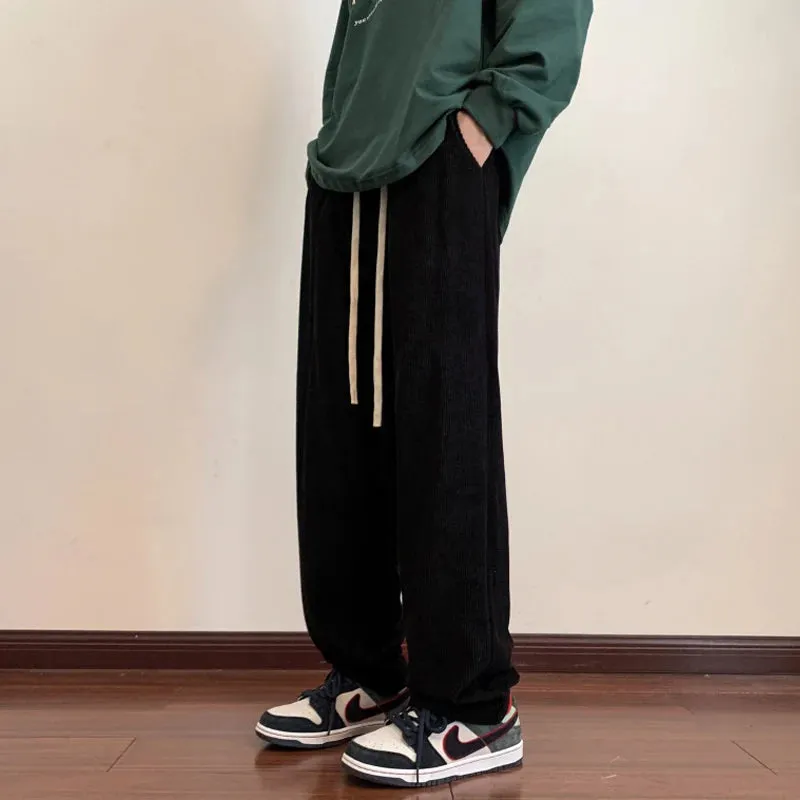 Wiaofellas  -  Korean Corduroy Men's Casual Pants Drawstring Man Straight Trosuers Streetwear Harajuku Baggy Pants Bottoms Wide Leg Pants