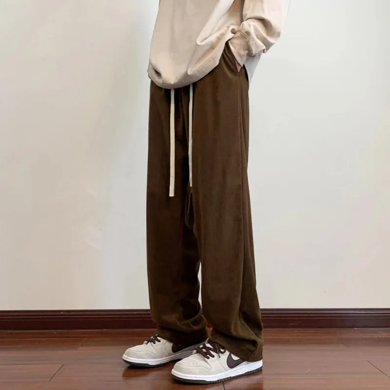 Wiaofellas  -  Korean Corduroy Men's Casual Pants Drawstring Man Straight Trosuers Streetwear Harajuku Baggy Pants Bottoms Wide Leg Pants