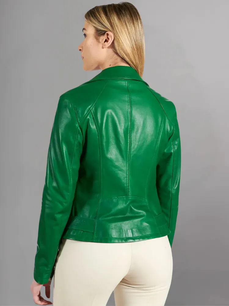 Women Green Cafe Racer Style Biker Genuine Leather Jacket