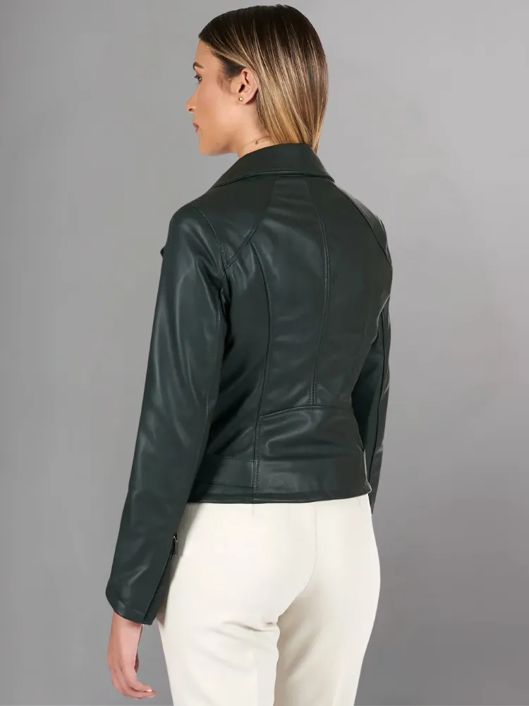 Women Green Cafe Racer Style Biker Genuine Leather Jacket