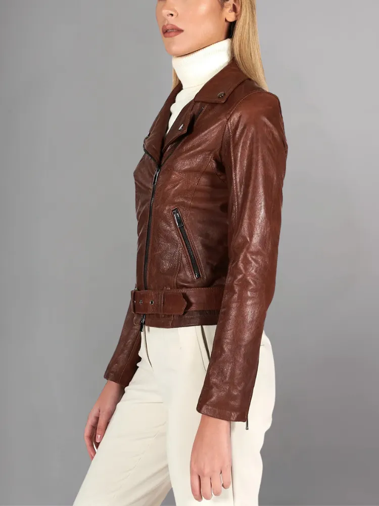 Women Green Cafe Racer Style Biker Genuine Leather Jacket