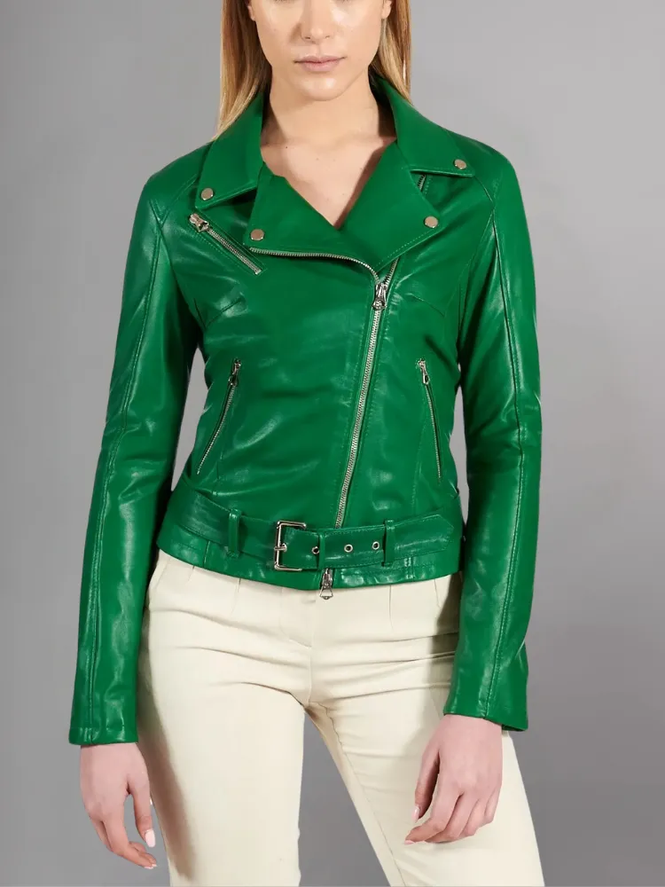 Women Green Cafe Racer Style Biker Genuine Leather Jacket