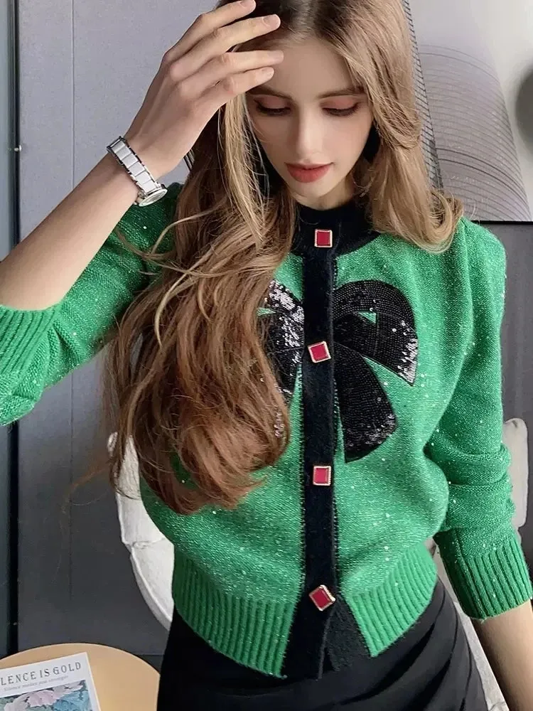 Women Vintage Knit Cardigan With Embroidery Long Sleeves Round Neck Ribbed Trims Cardigan Female Elegant Sweater Outerwear C-044