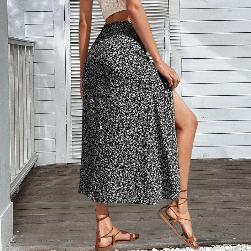 Women's Floral Print Side Slit Midi Long Boho Skirt