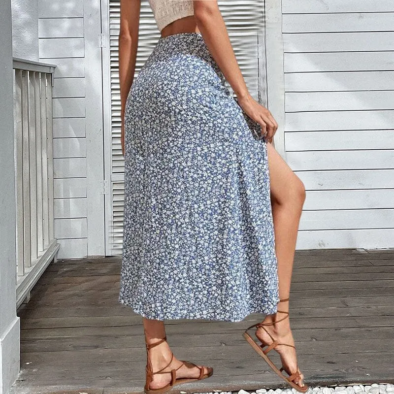 Women's Floral Print Side Slit Midi Long Boho Skirt