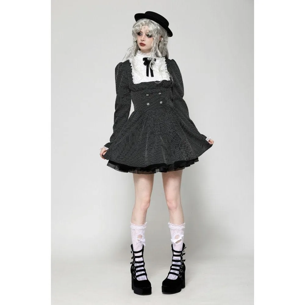 Women's Gothic Lolita Ruffled Lace Short Dress Black White